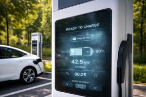 Screen burn-in on an outdoor EV charging station display showing ghosted interface elements from prolonged static content