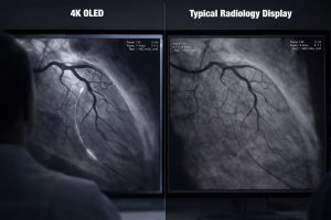 Side-by-side comparison of interventional radiology imaging on a 4K OLED display panel versus a conventional radiology display panel