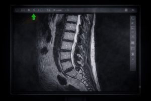 Radiology display showing an MRI scan with faint toolbar icon burn-in visible along the top and right edges of the screen.