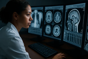 Interventional radiologist reviewing reviewing real-time fluroscopy images on a medical-grade PACS display for navigation.